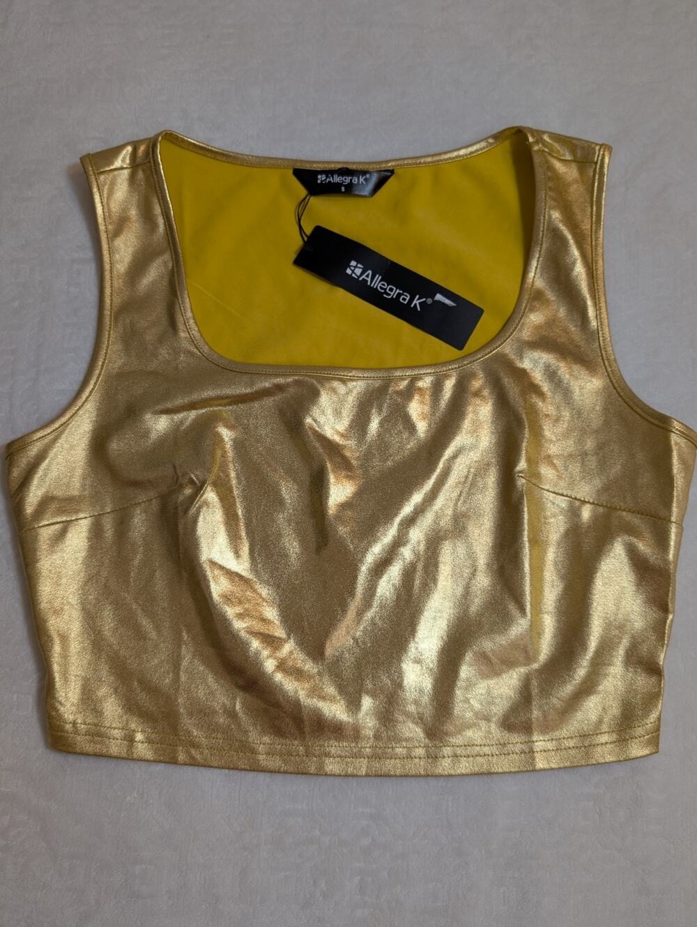 Allegra K Women's U Neck Sleeveless Party Club Wear Metallic Gold Crop Top sz S